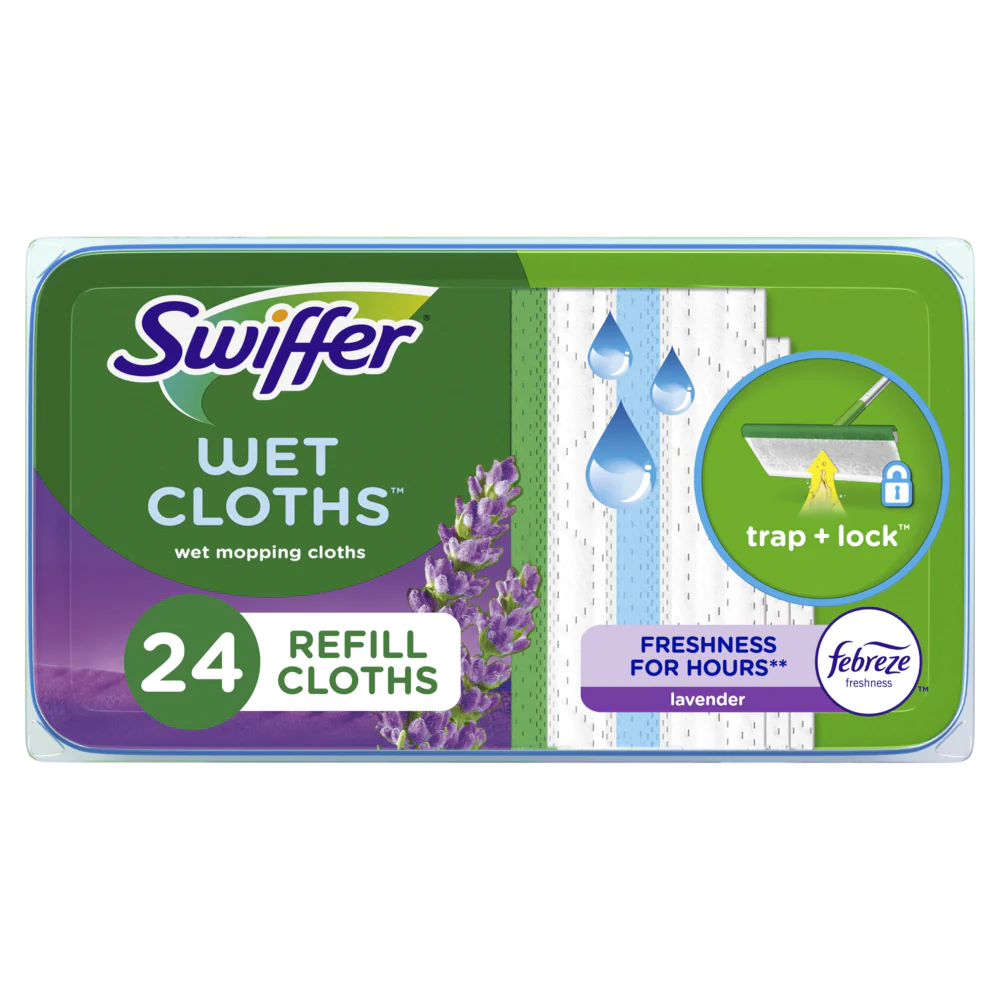 Swiffer - Linges humidifiés Swiffer Sweeper - Parfum Lavande vanillée et réconfort avec fraîcheur Febreze - Paquet de 24 | ABC Distribution