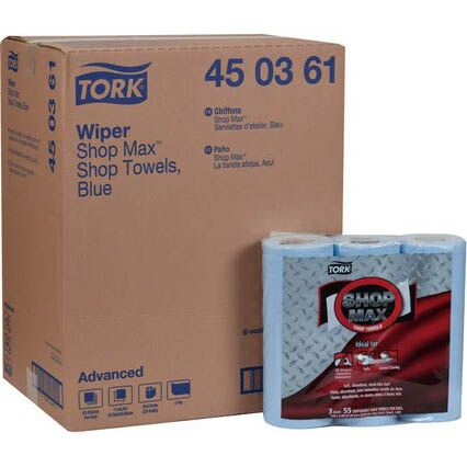 450361 Tork ShopMax Chiffons industriel en rouleau, bleu Caisse de 8 emballages de 3 rouleaux (24 rouleaux) | ABC Distribution